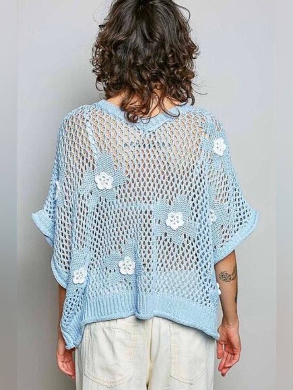 POL"Bloomin Filly" Floral Patch Open Sweater Top Sky Blue Sz S - Picture 5 of 10